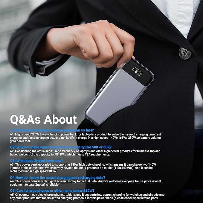 280W Power Bank, 24,000mAh 3-Port Laptop Portable Charger(88.8Wh), Digital Display, Compatible with MacBook Pro/Air, iPhone 16/15/14/13 Series, Vision Pro, Samsung, SteamDeck, Dell, AirPods, Tablet