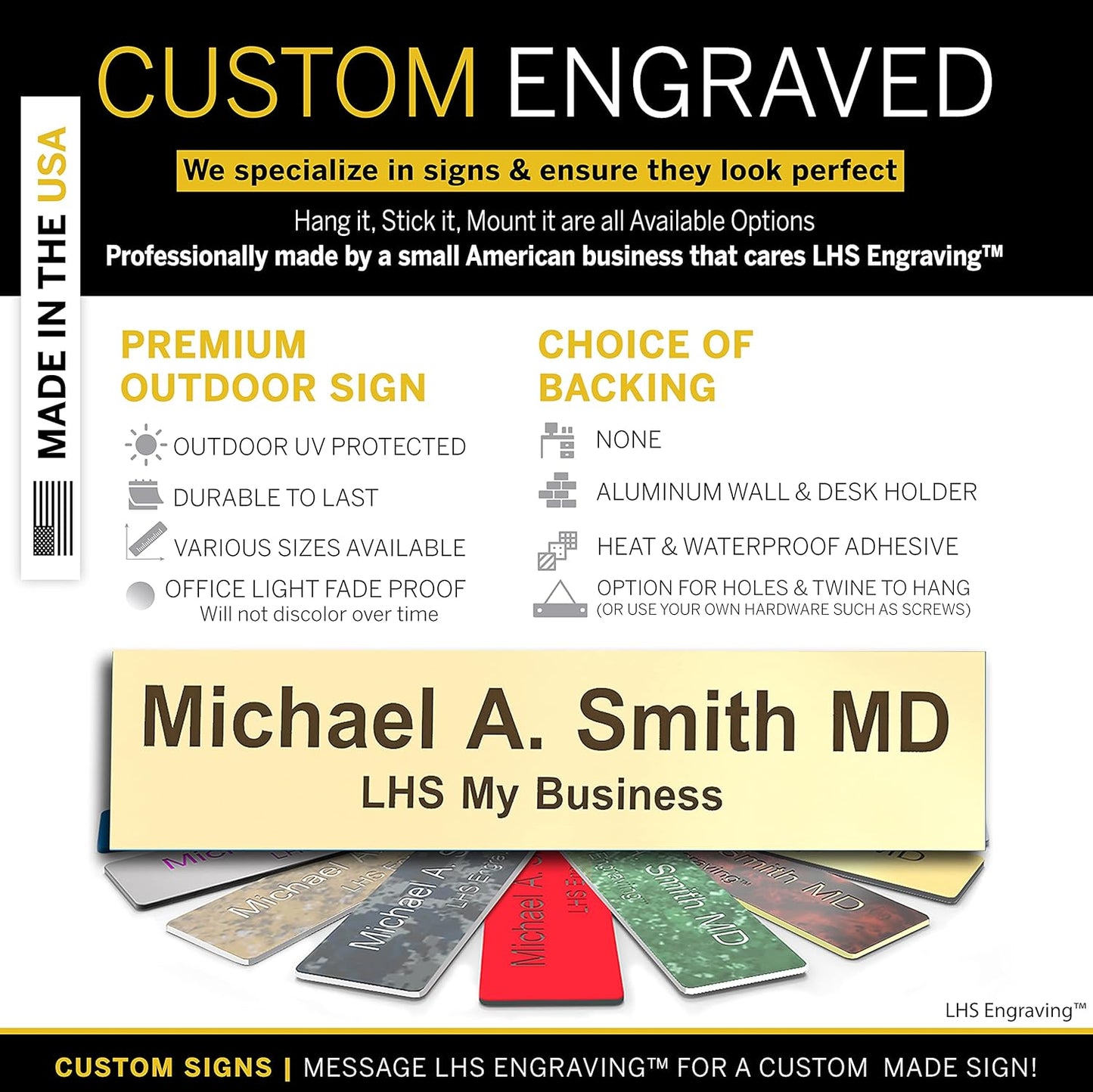 Engraved Name Plates for Door Sign Personalized Ivory Plastic Plaque with Brown Letters - Made in USA 2x10 B5