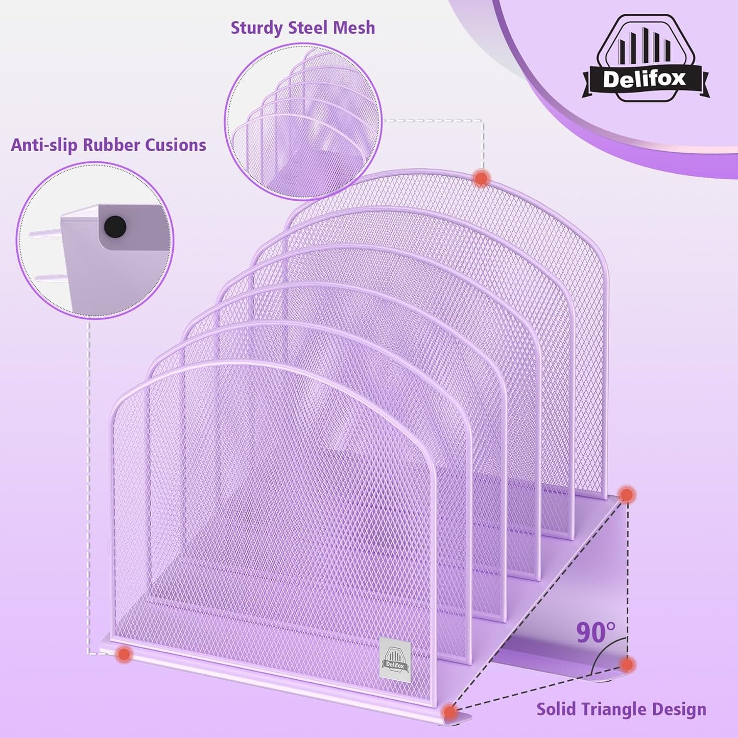 Inclined Desk File Organizer, 5-Section Vertical File Folder Holder Stand Metal Rack File Sorter for Office Classroom Desktop Organization (Purple, 1Pack)
