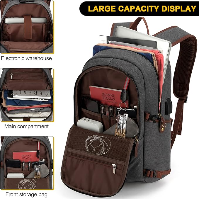 Canvas Laptop Backpack-Anti Theft Bag for Men Women,Rucksack Fits 15.6Inch Laptop, Work Travel Bookbag with USB Charging Port and Lock