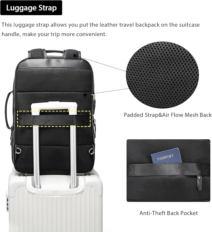 LANNSYNE Vegetable Tanned Leather Backpack for men, Expandable Leather Backpack Fits 15.6 Laptop, Tote Shoulder Travel Bag Rucksack