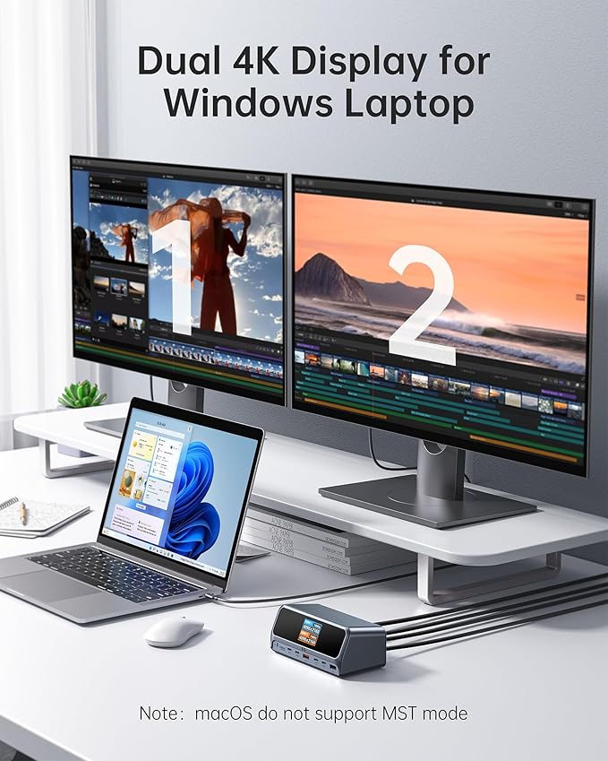 Selore Docking Station,13 in 1 Laptop Docking Station Dual Monitor with 160W Max Output, 2.26" LCD Display, Dual 4K HDMI, 10Gbps USB A/C Ports, Gigabit Ethernet, 100W PD for Dell, HP, Lenovo and More