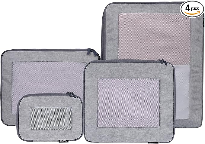 Compression Packing Cubes for Travel, 4-Pack Luggage Organizer Bags with Double Zipper, Breathable Mesh & Nylon Twill, Grey Suitcase Organizers for Efficient Packing
