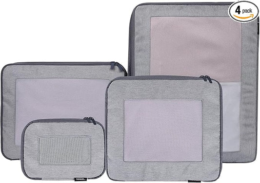 Compression Packing Cubes for Travel, 4-Pack Luggage Organizer Bags with Double Zipper, Breathable Mesh & Nylon Twill, Grey Suitcase Organizers for Efficient Packing