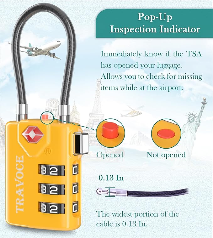 Search Alert TSA Approved Travel Combination Luggage Cable Locks for Suitcase, Gym Locker,Toolbox,Backpack 1,2,4,6 &10 pk (Yellow 4 Pack)