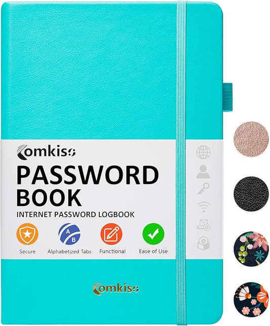 Password Book with Individual Alphabetical Tabs Laminated, Large Print Password Keeper Book for Seniors, A5 Hardcover Internet Password Log Book to Record Website Login Details - Aquamarine