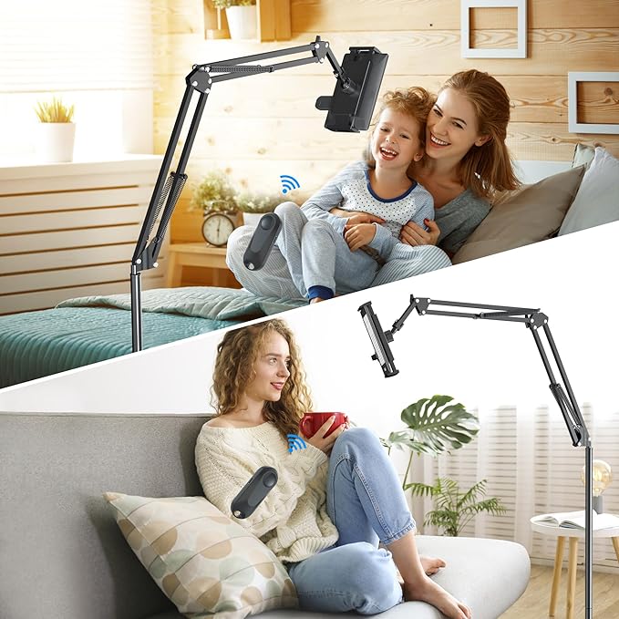 Floor Stand for Kindle Reading in Bed with Remote Page Turner, Hands Free Tablet Arm Holder for Kindle Accessory, Compatible with iPhone Paperwhite eReader Tablet 4.5-12.9 inch (kt-sd2)