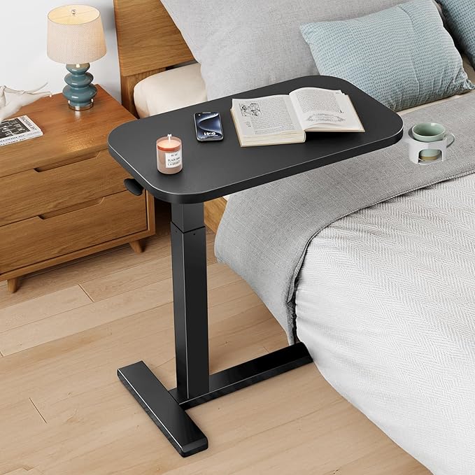 HUANUO Bedside Table with Wheels, Height-Adjustable Rolling Computer Cart, Overbed Table with Cup Holder, Pneumatic Laptop Standing Desk for Home Office, Black (27.6" x 15.7")