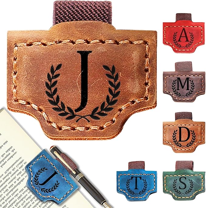 Personalized Bygone Mark Bookmark with Pen Holder, Leather Magnetic Bookmark 26 Letters Name Initial Bookmarks for Readers, Book Lover Gifts for Women Men Notebook Accessories (Brown, J)