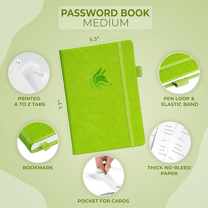 Clever Fox Password Book with alphabetical tabs. Internet Address Organizer Logbook. Medium Password Keeper for Website Logins (Green)