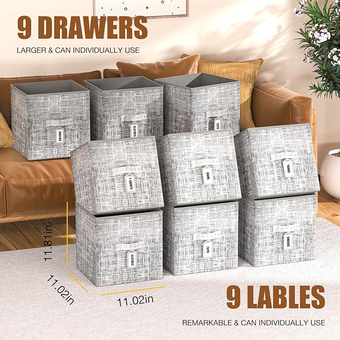 9 Cube Closet Organizer with Beautiful Printed Drawers + Labels, Storage Shelf, Toy Cubby Organizer