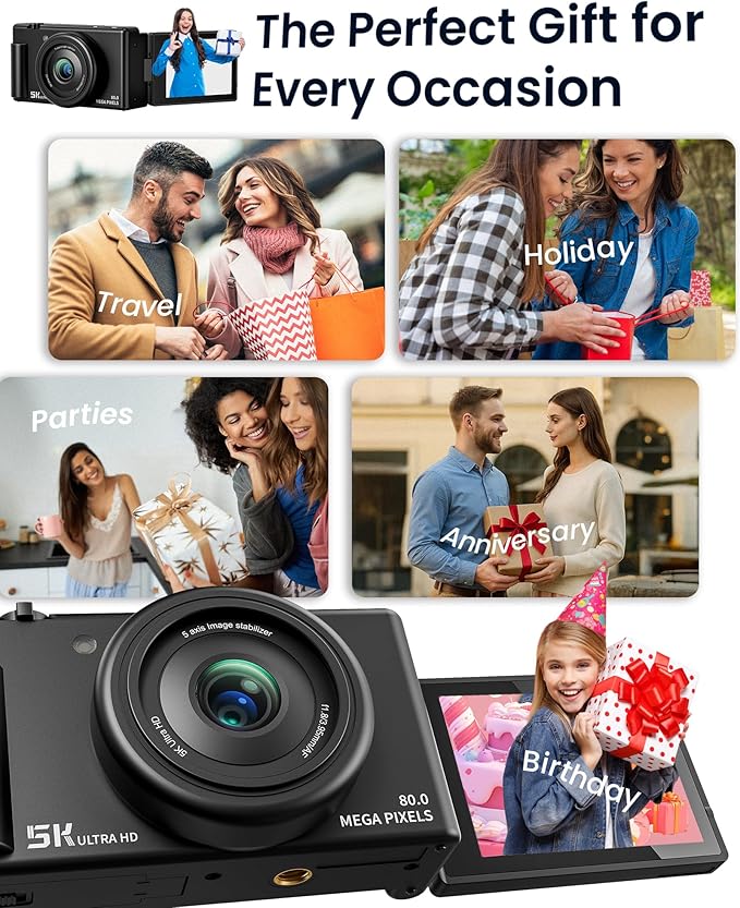 True 5K Digital Camera for Photography, Autofocus 80MP with 18X Digital Zoom 3" 270°Flip Screen Dual-Lens Selfie Camera for YouTube Vlogging & Content Creation, 2 Batteries, 32GB Card & Flash，Black