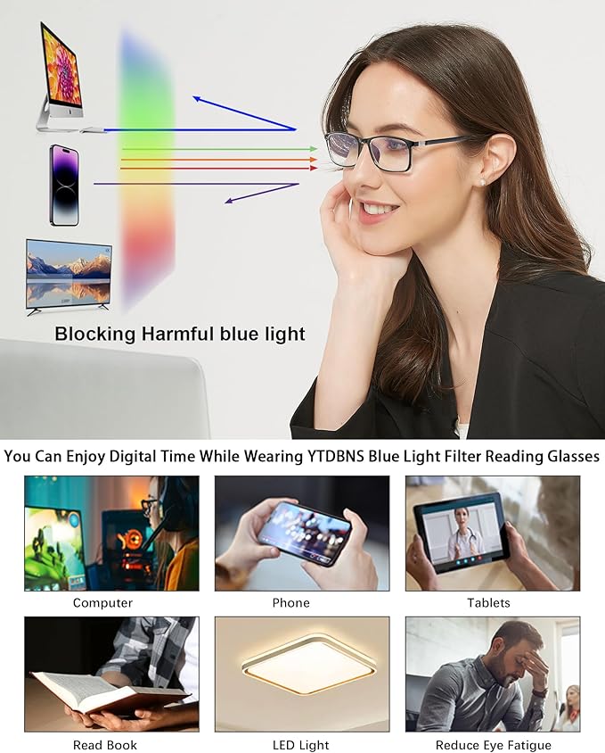 Professional Reading Glasses for Men/Women, Blue Light Blocking Computer Readers with Spring Hinges for Glare and UV Protection