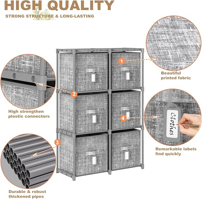 Cube Storage Organizer Shelf with 6 Printed Bins + Labels, Cubby Storage Organizer with Bins, Large Capacity Shelves for Storage,Closet, Living Room, Dorm, Yarn