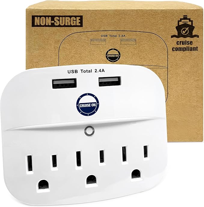 Cruise Approved Power Strip - Non Surge Protector for Cruise Ship with 2 USB Outlets - Cruise Ship Essentials 2025 for Carnival, Princess, Norwegian, Holland America, MSC & Major Cruise Lines (White)