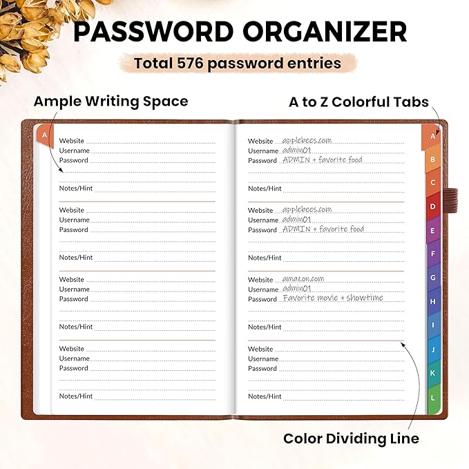 SUNEE Password Book with Colorful Alphabetical Tabs, Password Books for Seniors, Password Keeper Book for Computer and Internet Address Website Login, 5.3''x 7.7''- Brown