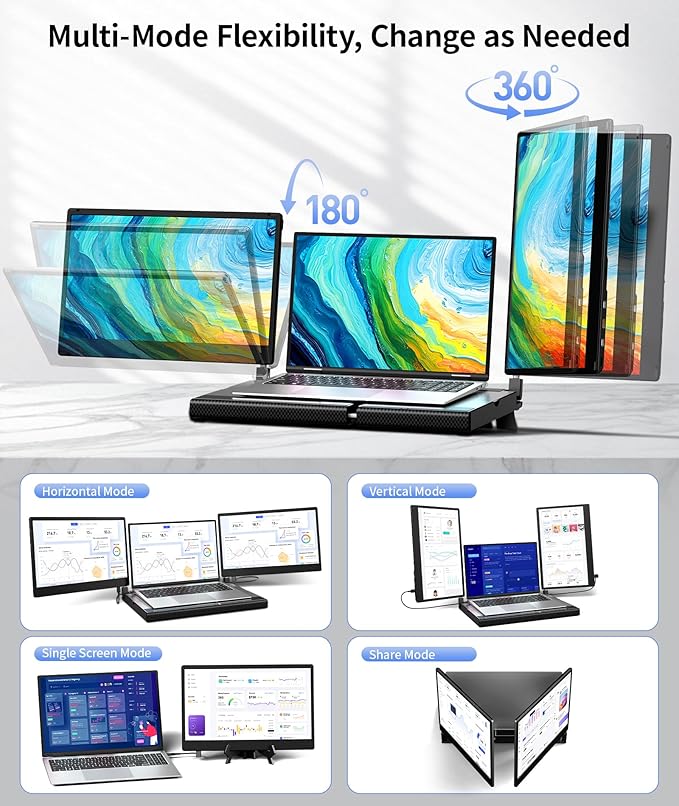 Laptop Screen Extender, Detachable Screen-14 FHD 1080P Triple Portable Monitor, Monitor Extender Upgrade Cooling Base Laptops, Plug and Play, Compatible with Windows, Mac, Chrome