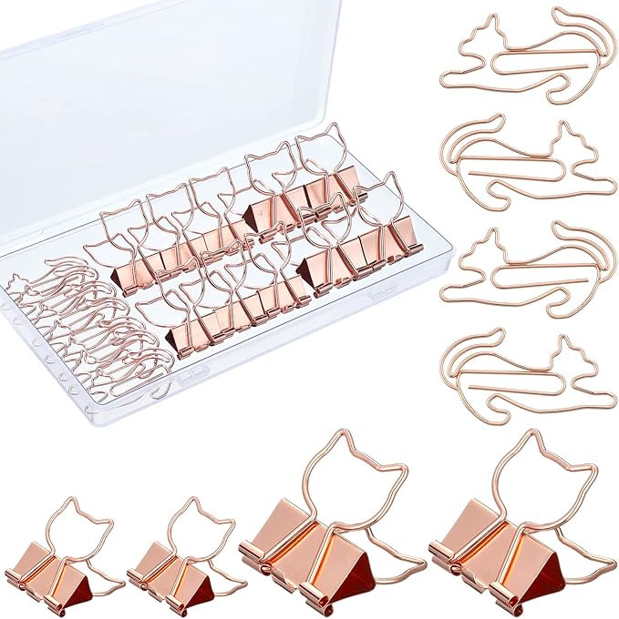 Eersida 55 Pieces Cat Binder Clips 30 Pcs Cute Metal Paper Clips and 2 Size 25 Pcs Rose Gold Pet Binder with Clear Box Fun Animal Supplies for School Office Paper Bookmark Cat Lovers Gift
