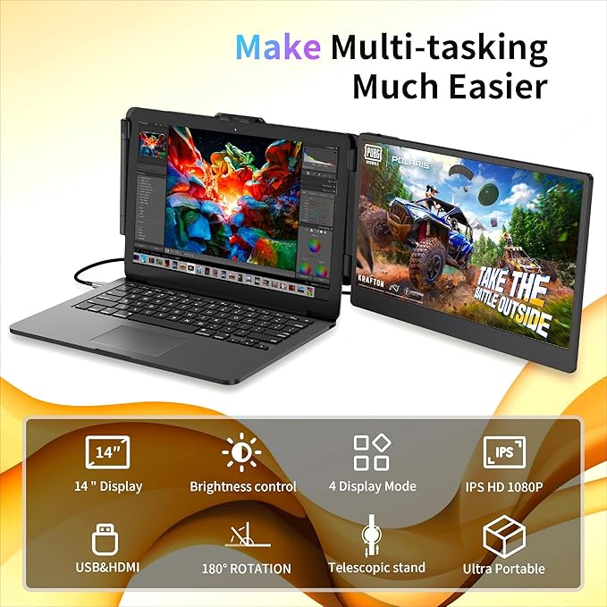 Laptop Screen Extender Portable Monitor, Dual Monitor Extender for Laptop, 14.1" Screen 1080P FHD Display, Fit for 13-17" Laptops, Plug & Play Compatiable with Win/Mac/Chrome/Android/Switch