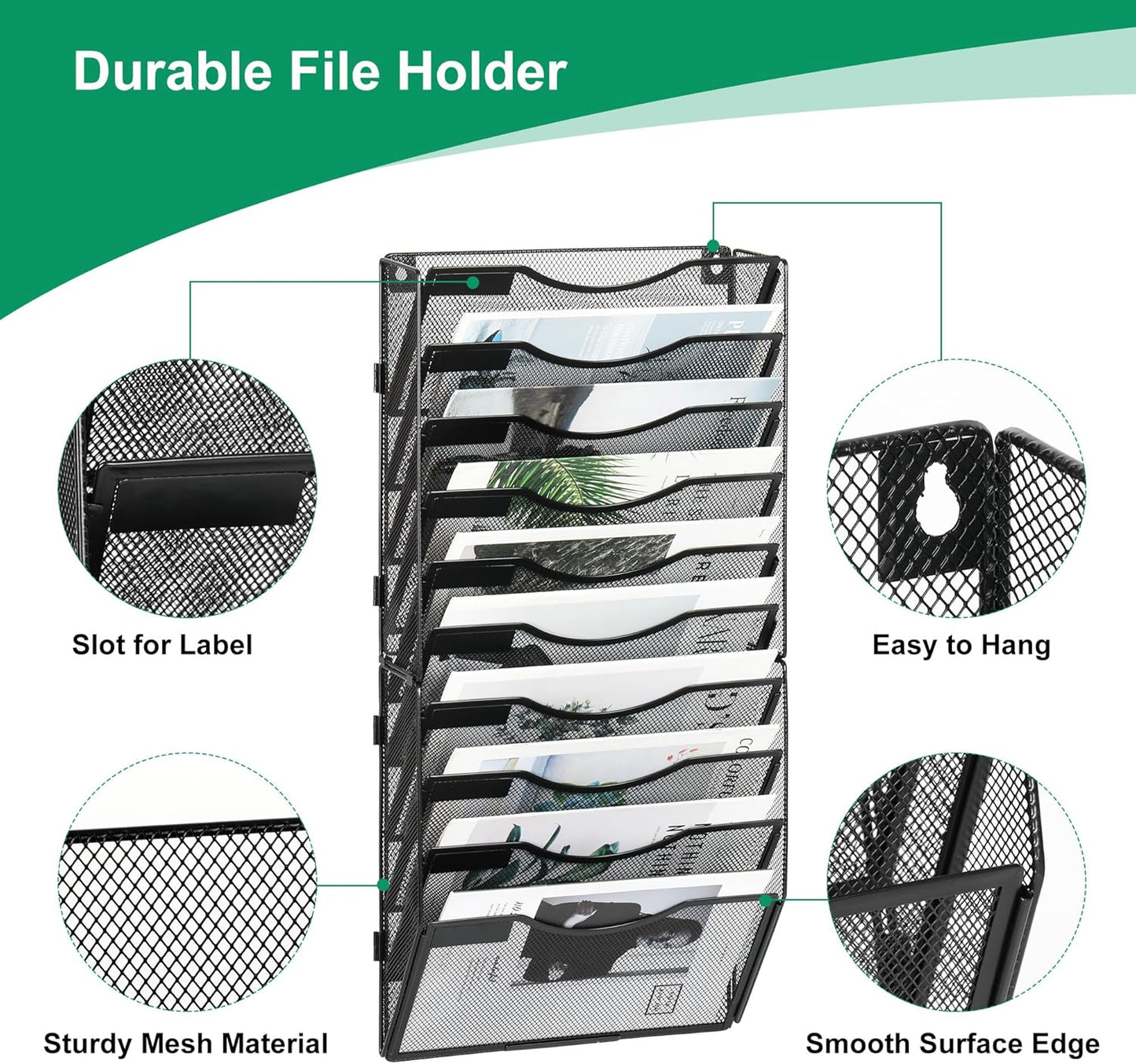 10-Pocket Wall File Organizer, Hanging Mail Organizer Wall Mounted Paper Document Holder, Metal Clipboard Storage Basket for Office Home School Organization, Black