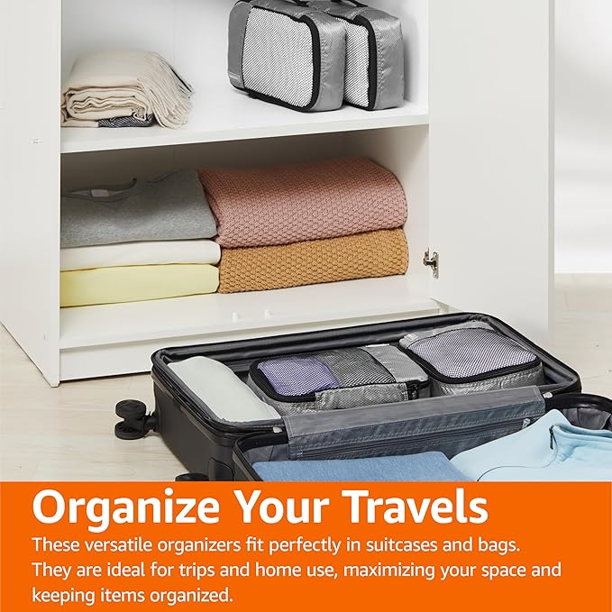 Amazon Essentials 4-Piece Packing Cubes Travel Accessories Set, Luggage Organizer with Double Zipper, Mesh Top, 100% Polyester, Small, Gray (Previously Amazon Basics)