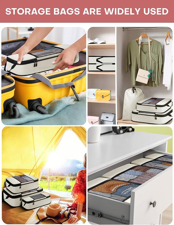 6 PCS Set Compression Packing Cubes for Travel, Lightweight Packing Organizer Bags Travel Essentials for Carry On, Suitcase, Home Closet - Beige