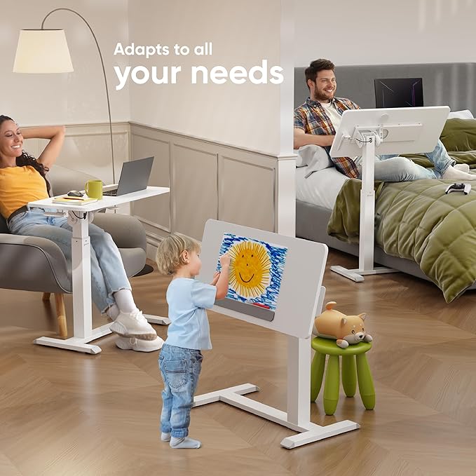 ONKRON Laptop Cart on Wheels, max Load up to 17.6 lbs, Small Rolling Table with Hidden Wheels, Mobile Standing Desk Adjustable Height, 90° Tilting Portable Workstation, Overbed Bedside Desk White