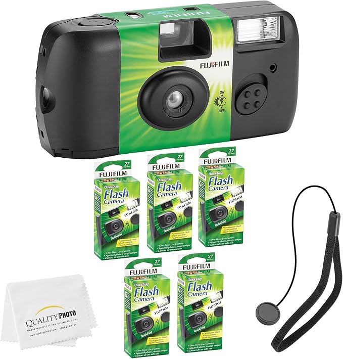 Fujifilm QuickSnap Flash 400 Disposable 35mm Camera + Hand Strap + Quality Photo Microfiber Cloth (5 Pack)