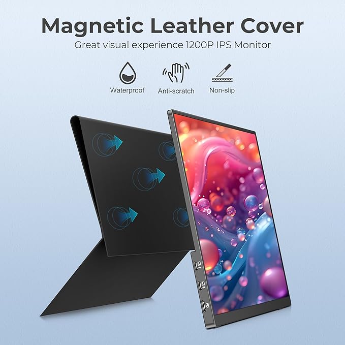 Portable Monitor 14" Ultra-Slim 1920×1200 FHD IPS, 100% sRGB, USB-C/HDMI Second Screen for Laptop/PC/Mac/Phone/Xbox/PS4/Switch - Built-in Speakers & Protective Cover