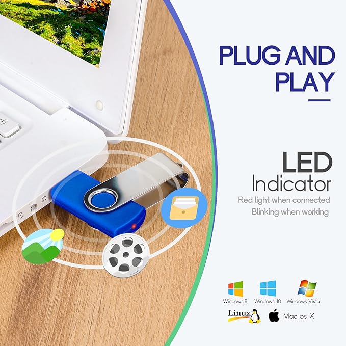 2GB Flash Drive 10 Pack USB 2.0 Thumb Drive Swivel Memory Stick Jump Drive with LED Indicator/Lanyard/Label for Storage and Backup (2G, 10pcs, Navy Blue)