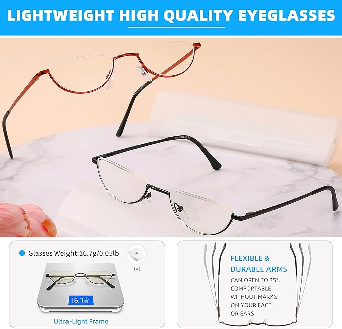 2 Pack Half Lens Reading Glasses Blue Light Blocking, Half Moon Frame Semi Rim Spring Hinge Readers with Case for Men Women Black/Red +2.75
