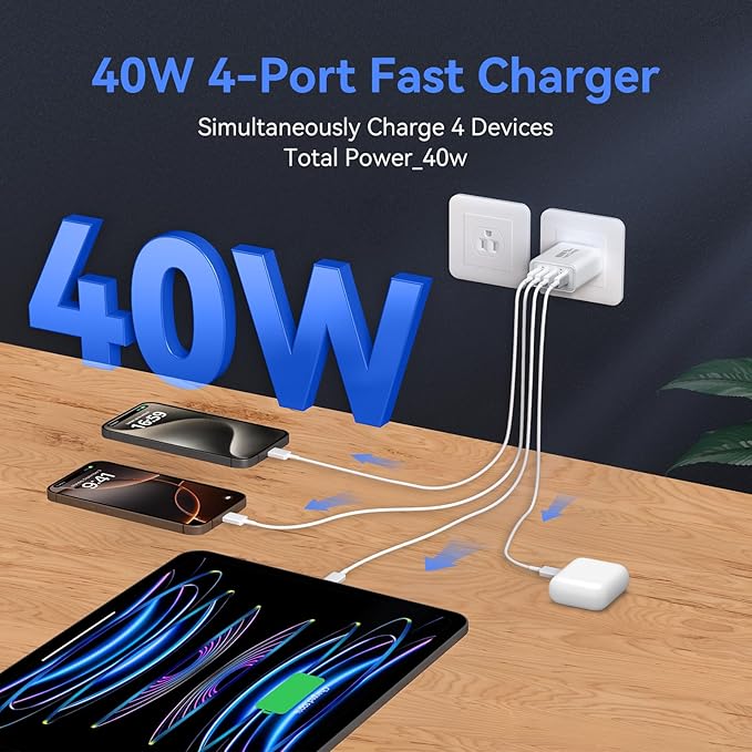 USB C Wall Fast Chargers Block, 40W 4-Port Type C Chargers Fast Charging Blocks PD Power Charger Adapter+QC 3.0 USB C Multiport Charger Brick for Phone 17/16/15/14/13/12 Pro Max, Pad, Galaxy S25/24