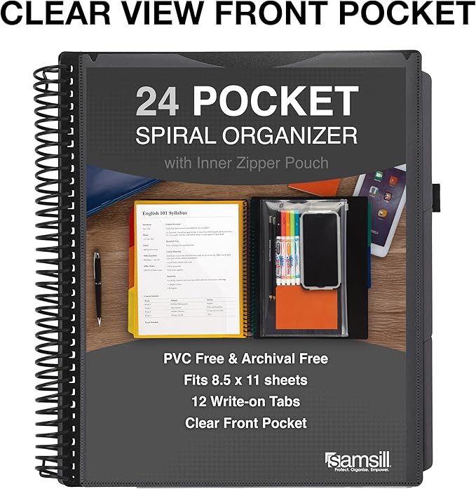 Samsill Deluxe 24 Pocket Spiral Project Organizer with Refillable Notepad Holder, Customizable Front Cover, 12 Dividers with Erasable Write-On Tabs in Gray, Plastic Folders with Pockets