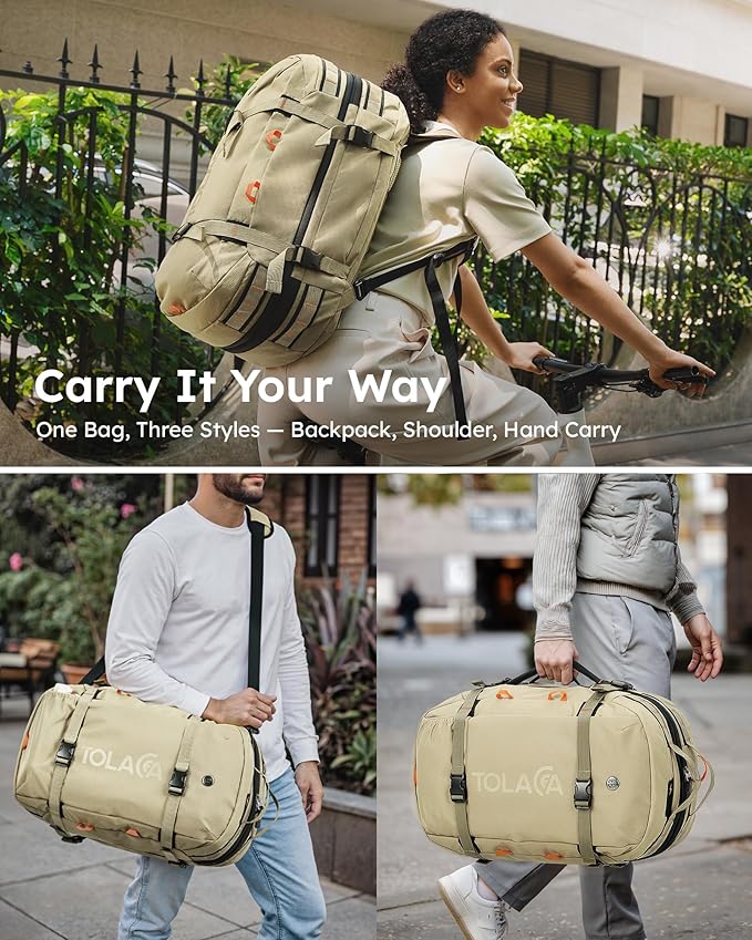 Tolaccea Carry on Travel Backpack, Laptop Backpack Flight Approved Convertible Large Duffle Luggage Bag Daypack Work Business Rucksack Fits 16" Laptop for Men Women 3 Carrying Ways, 40L-50L Expandable
