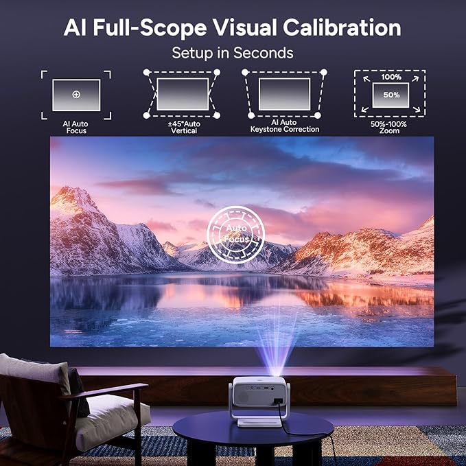 Projector with WiFi and Bluetooth,Outdoor Movie Projector 4K Support,Auto Focus & Voice Control,Built-in 10,000+ Apps Native 1080P Portable Smart Home Proyector