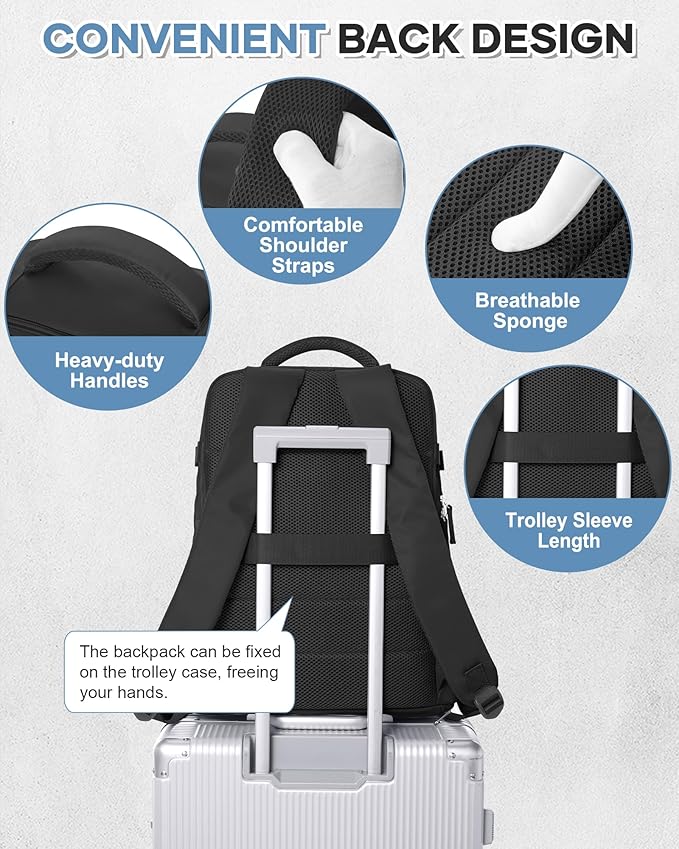 VECAVE Carry On Backpack for Women,Large Travel Backpack Flight Approved,Waterproof 15.6 Inch Laptop Backpack Business Work Backpacks Men Mochila De Viaje Black