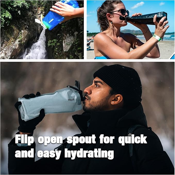 Vapur Collapsible Water Bottle With Carabiner, Compact Bottle Folds Flat For Hydration On The Go, Ideal for Traveling, Hiking or Camping, 23 Ounce, Night Blue, Pack of 2