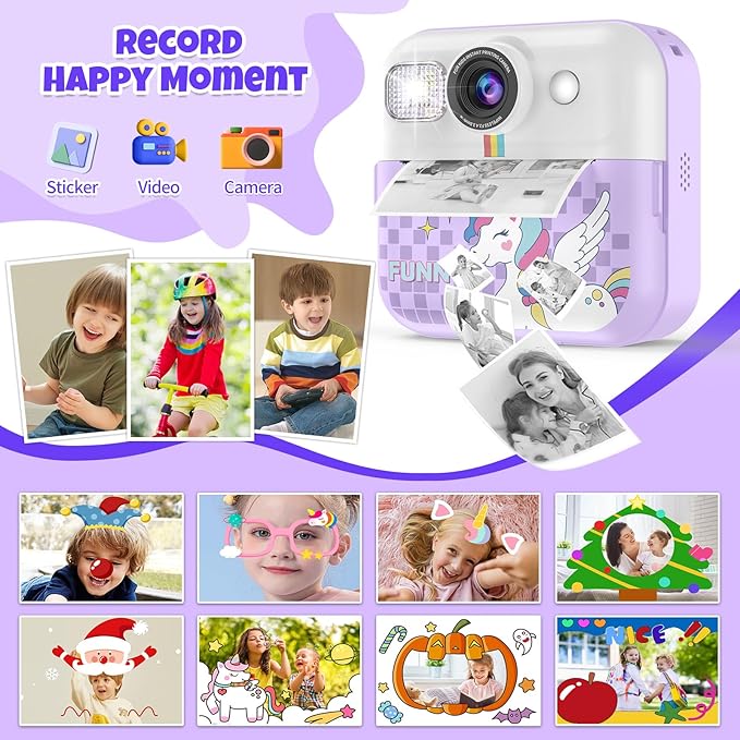 Kids Instant Print Camera, 1080P Children Printable Cameras Christmas Birthday Gifts for Girls Age 3-10, Toddler Toys for 3 4 5 6 7 8 9 10 Year Old Boys with 3 Roller Photo Paper (Purple)
