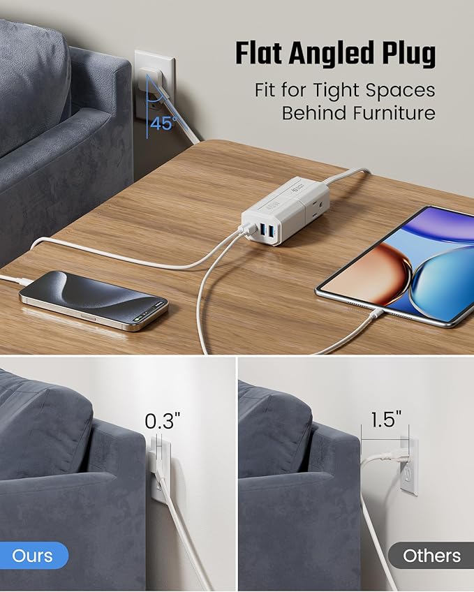 SUPERDANNY Detachable Travel Power Strip,45W USB Fast Charge,2 USB-C & 2 USB-A with 3 Outlets Flat Plug Extension Cord 5ft,Portable Charger for Travel Essentials for Travel Cruise Home, White