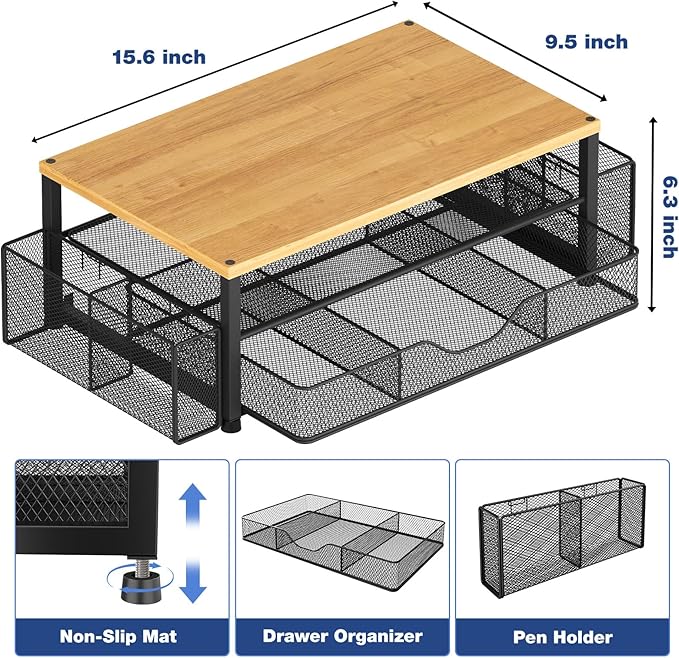 Desk Organizers and Accessories, 2-Tier Computer Monitor Stand with Drawer and 2 Pen Holders, Laptop Stand, Office Desk Accessories for Office Supplies, Oak