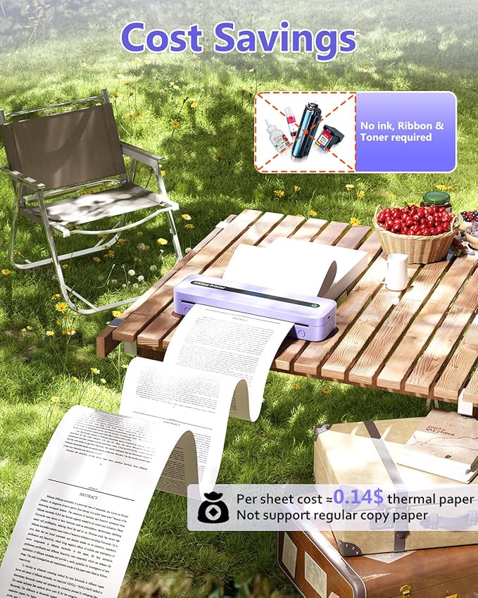 Itari M832 Portable Printer for Travel with Case and 4 Rolls Paper, Inkless Thermal Printer, Support 8.5" x 11" A4 & US Letter, Wireless Compatible with iPhone, Android, Laptop, Purple