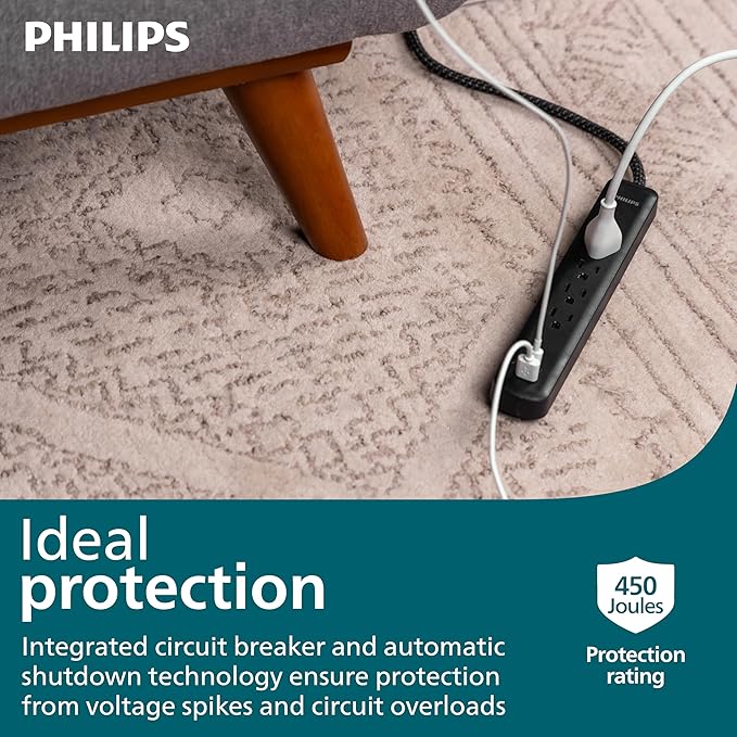 Philips 4-Outlet Surge Protector, 4ft Braided Cord, 1-USB-C, 1-USB-A, Extension Cord, Power Strip, for Home, School, or Office, 15W, 450J, Black, SPP3393B/37