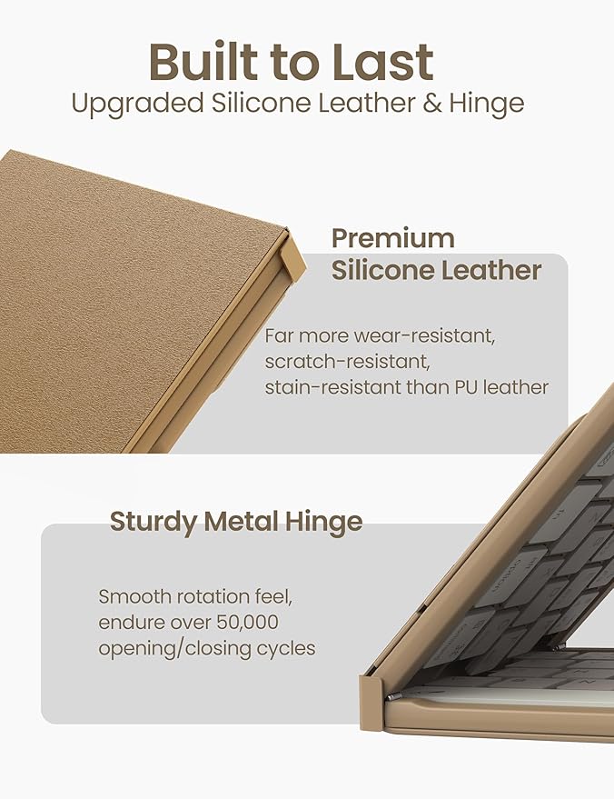 Nillkin Foldable Travel Keyboard with Touchpad & Number Pad, Bluetooth Wireless Portable Folding Full Size Keyboard with Trackpad for PC Laptop iPad Tablets Smartphone, Silicone Leather Cover, Khaki