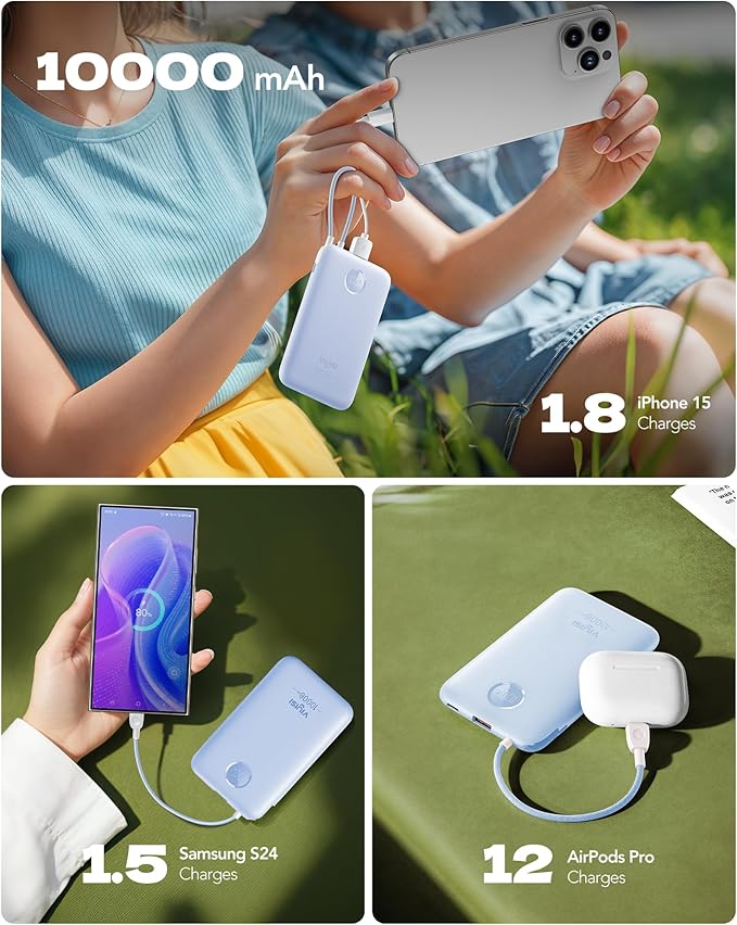 Slim Portable Charger 10000mAh, Travel Power Bank with Built-in USB-C Cable & LED Display, 22.5W Fast Charging Battery Pack Compatible with iPhone 16 15 Samsung S24 S23 -Blue