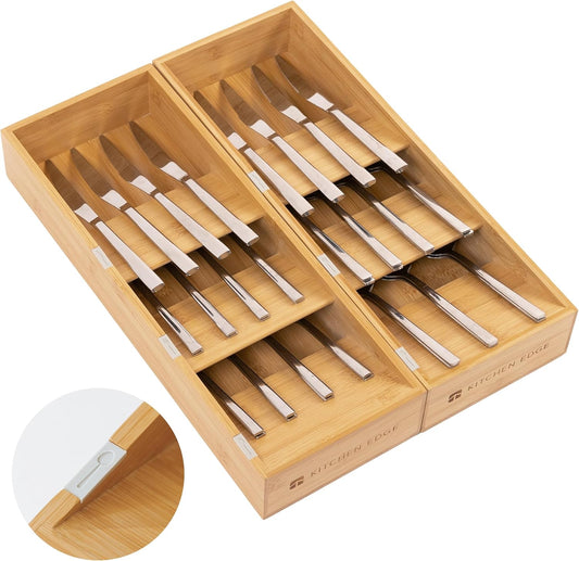 Premium Cutlery, Flatware, and Silverware Drawer Organizer – Slanted 3-Compartment Design with Labeled Slots, Non-Slip Feet, 100% Sustainable Bamboo, 2 Pack