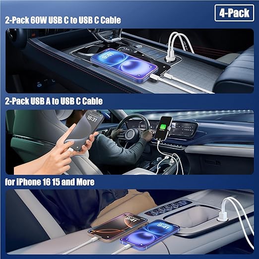 Car Carplay Cable for iPhone 17 16 15, 2-Pack 6FT 60W USB C to USB C Cable And 2-Pack 6FT USB A to USB C Cable for iPhone 17 16 15，for Galaxy S25 S24, for iPad Pro/Air, for MacBook Pro/Air and More