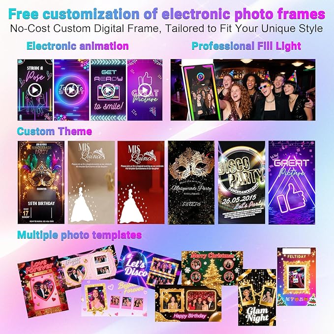 Mirror Photo Booth with Camera and Printer, 40" Magic Mirror Photo Booth, 22" Touch Screen Built-in Mini PC with Instant Print and Sharing, Music Sync Control RGB Light (Black, 45-22" Full Set)