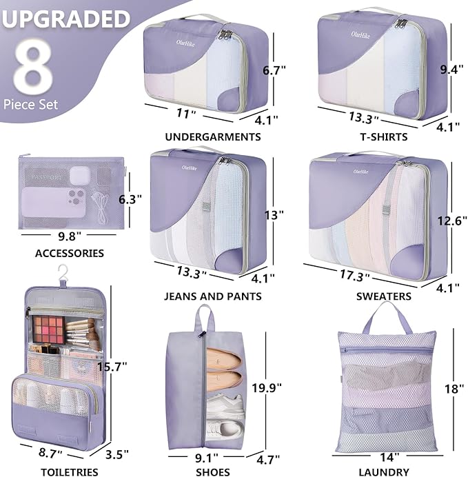 8 Set Packing Cubes for Travel, Gifts for Women Mom,Anti-Tearing Suitcase Organizer for Luggage with Shoe & Hanging Toiletry Bag,OlarHike Vacation Essentials & Accessories for Cruise Ship, Purple Gray