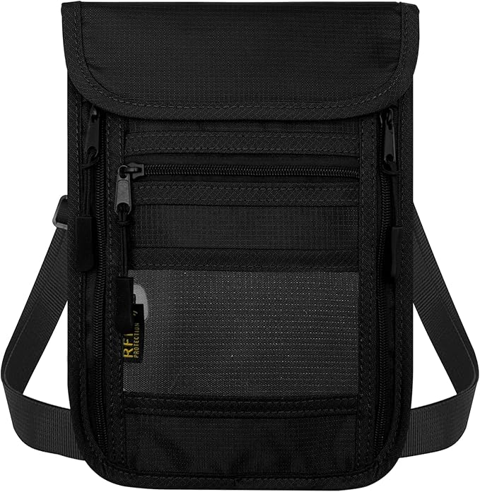 sundee Travel Neck Wallet with Double Zippers, RFID Blocking Passport Holder with Adjustable Neck Strap for Men and Women to Keep Cash, Credit Cards and Travel Documents Safe - Black