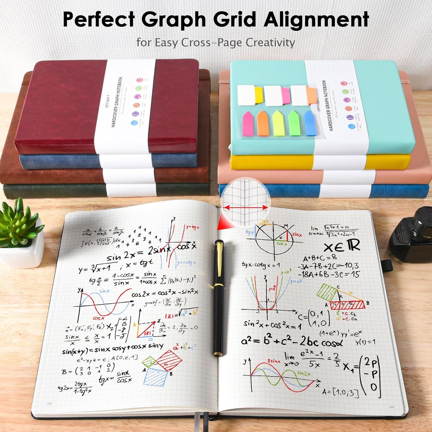 Graph Paper Notebook, 312 Numbered Pages B5 Hardcover Leather Journal, 100gsm No Bleed Grid Paper Notebook with Index Pages, Grid Notebook for Graphing Notes Math, 7.6'' X 10'', Black
